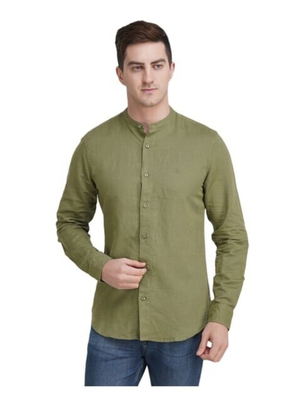Olive Green Long-Sleeve Casual Linen Shirt United Colors of Benetton Size L
